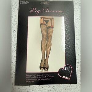 Leg Avenue Black Fishnet Garter Belt Stockings with Pink Bows